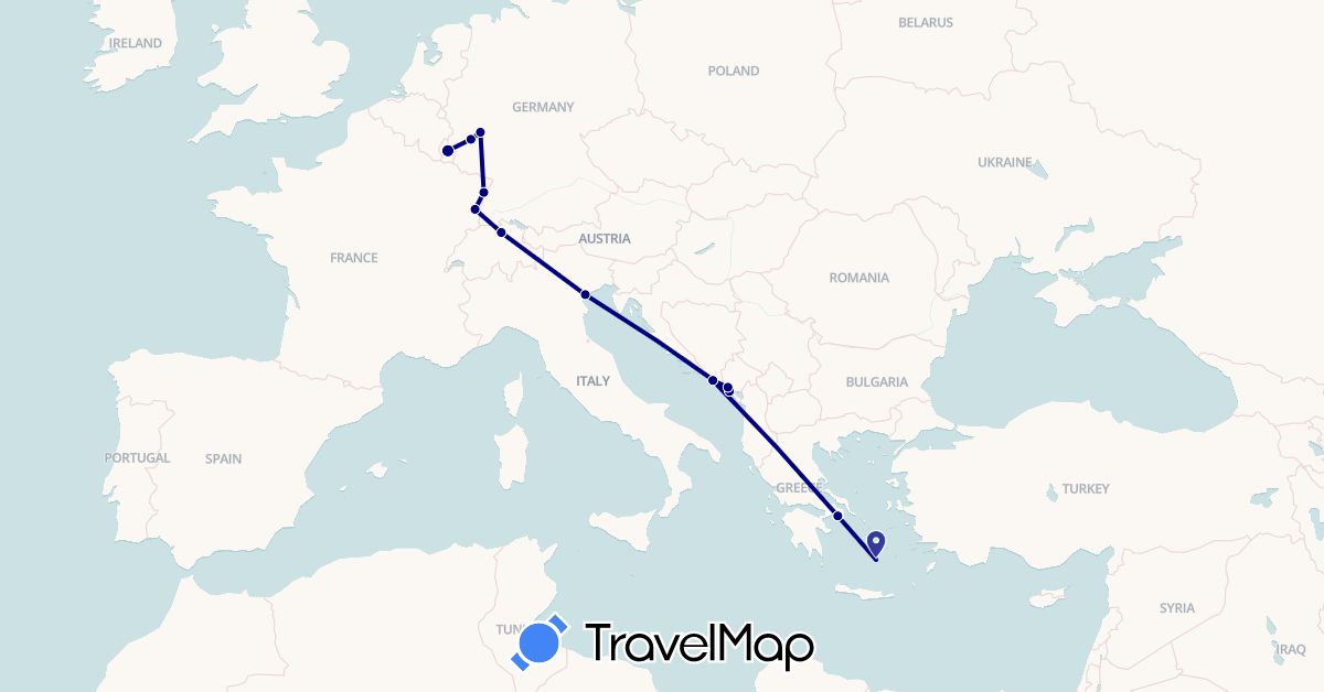 TravelMap itinerary: driving in Switzerland, Germany, France, Greece, Croatia, Italy, Luxembourg, Montenegro (Europe)