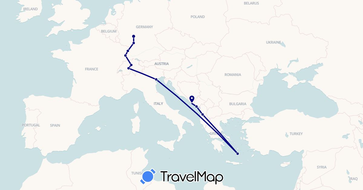 TravelMap itinerary: driving in Albania, Switzerland, Germany, France, Greece, Croatia, Italy, Montenegro (Europe)